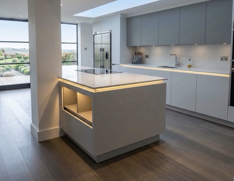 White and grey handleless kitchen with under-cabinet and plinth lighting, a large island with induction hob, and full-height windows onto a garden.