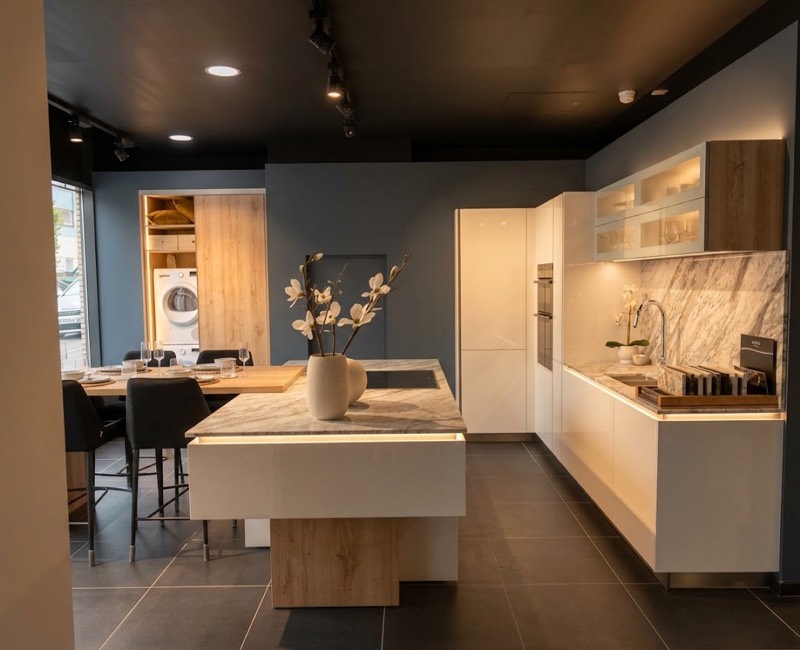 Schmidt showroom display: gloss white kitchen with an oak-clad island, marble splashback and a laid dining setting alongside.